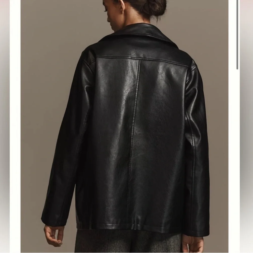 ANTHROPOLOGIE MAEVE Faux Leather Long Jacket‎ in Black Oversized XXS
